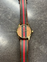 GUCCI G-TIMELESS UNISEX MOTIF 38MM BROWN DIAL LEATHER STRIPE BAND WATCH ONLY