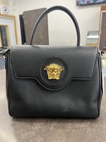 VERSACE LA MEDUSA SMALL BLACK LEATHER TOP HANDLE ENTRUPY AUTHENTICATED. 