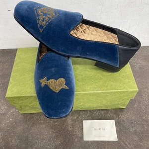 Gucci Marmara Blue Velvet Embroidered Men's Slip-on Loafers 